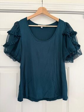 DR2 Teal Short Sleeve Puff Top with Sheer Ruffle Sleeves